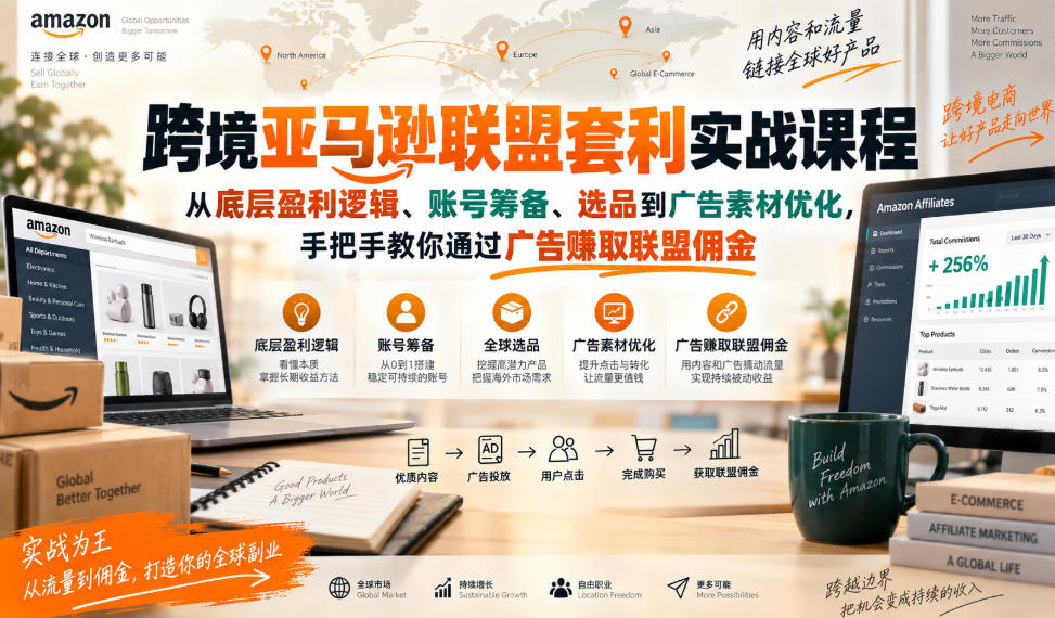 跨境亚马逊联盟套利实战课程，从底层盈利逻辑、账号筹备、选品到广告素材优化，手把手教你通过广告賺取联盟佣金-孔明聊项目