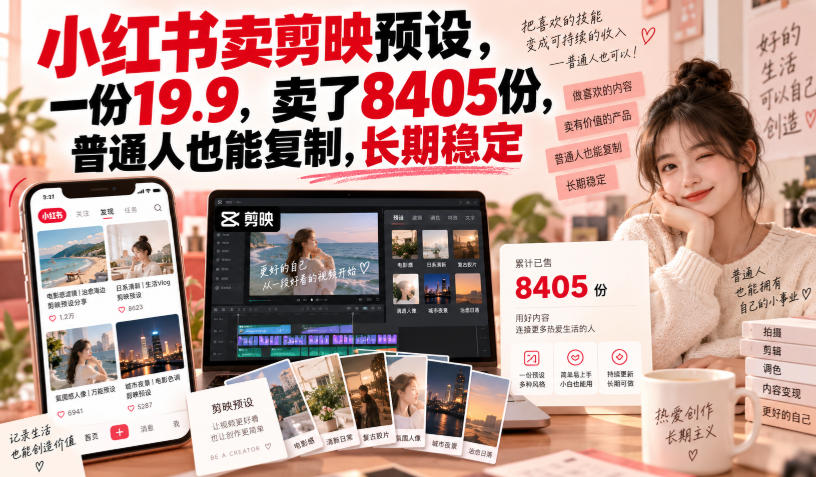 小红书卖剪映预设，一份19.9，卖了8405份，普通人也能复制，长期稳定-孔明聊项目