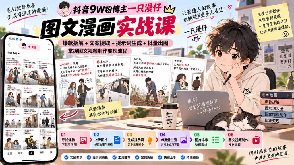 抖音9W粉博主一只漫仔图文漫画课：爆款拆解+文案提取+提示词生成+批量出图，掌握图文视频制作变现流程-孔明聊项目
