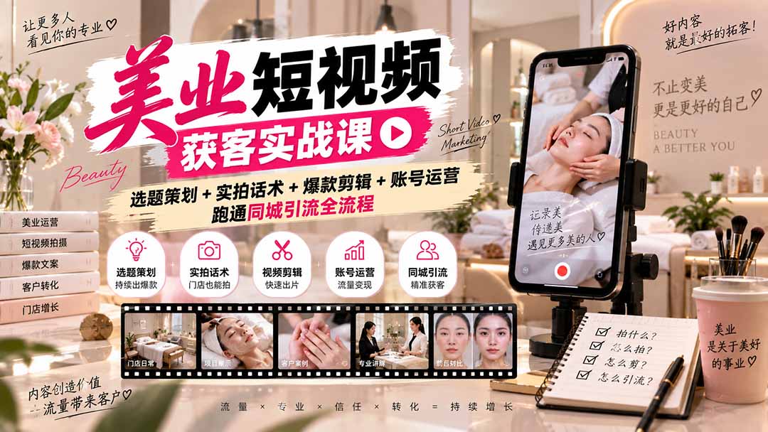 美业短视频获客实战课-无水印：选题策划+实拍话术+爆款剪辑+账号运营，跑通同城引流全流程-孔明聊项目