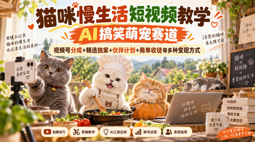 猫咪慢生活短视频教学，AI搞笑萌宠赛道，视频号分成+精选独家+伙伴计划+商单收徒等多种变现方式-孔明聊项目