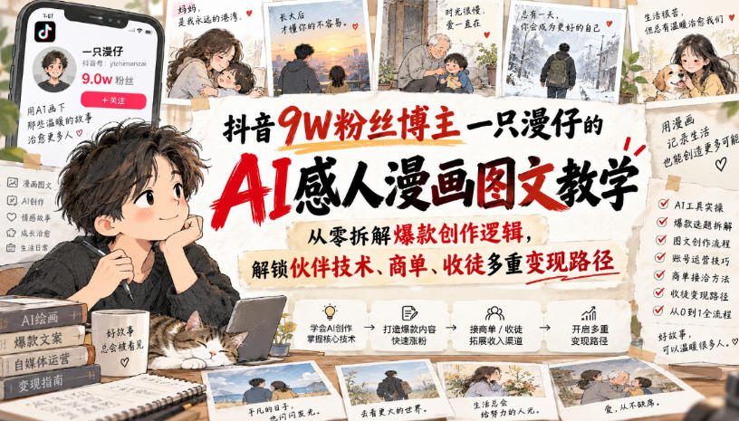 抖音9W粉丝博主一只漫仔的AI感人漫画图文教学，从零拆解爆款创作逻辑，解锁伙伴技术、商单、收徒多重变现路径-孔明聊项目