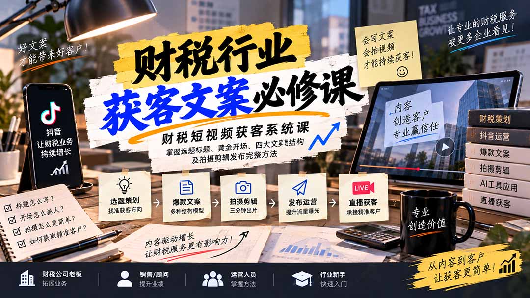 财税短视频获客系统课：掌握选题标题、黄金开场、四大文案结构及拍摄剪辑发布完整方法-孔明聊项目