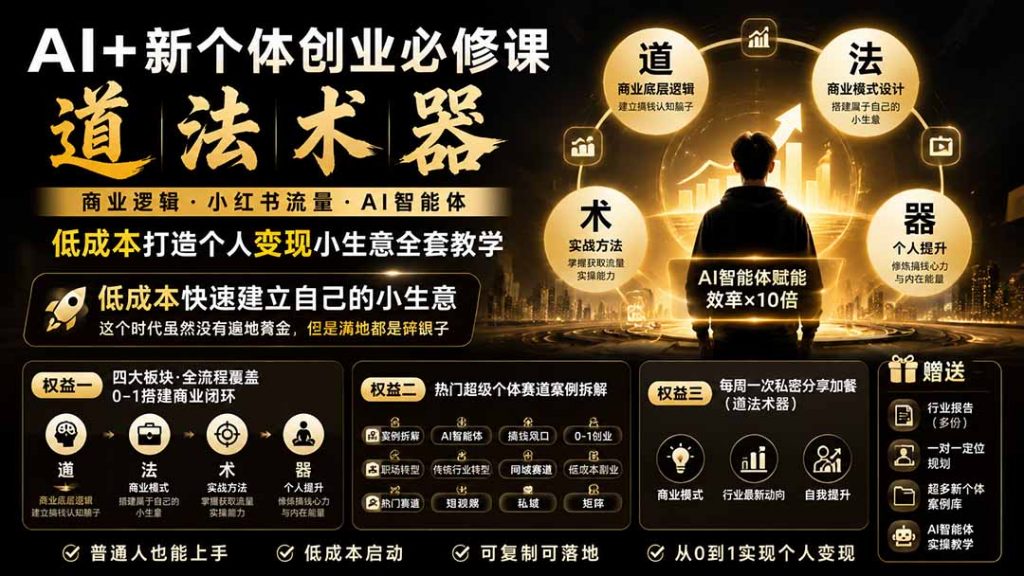 AI+新个体创业必修课-更新0922｜道法术器｜商业逻辑·小红书流量·AI智能体｜低成本打造个人变现小生意全套教学-孔明聊项目