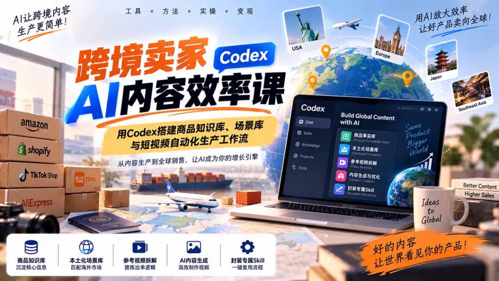 跨境卖家AI内容效率课：用Codex搭建商品知识库、场景库与短视频自动化生产工作流-孔明聊项目