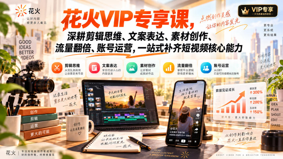 花火VIP专享课，深耕剪辑思维、文案表达、素材创作、流量翻倍、账号运营，一站式补齐短视频核心能力-孔明聊项目