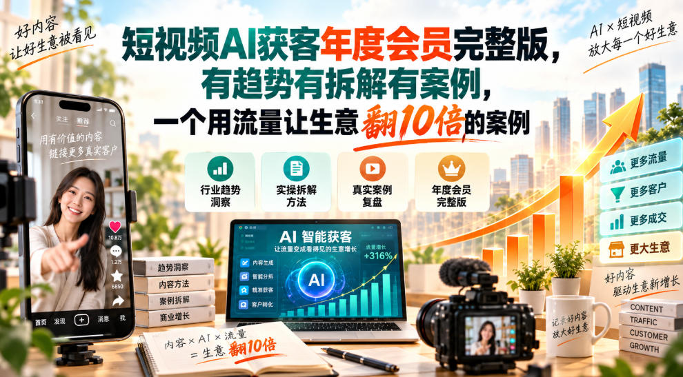 短视频AI获客年度会员完整版，有趋势有拆解有案例，一个用流量让生意翻10倍的案例-孔明聊项目
