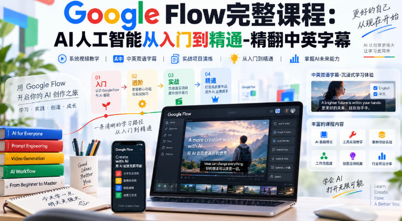 【无水印】Google Flow完整课程：AI人工智能从入门到精通-精翻中英字幕-孔明聊项目