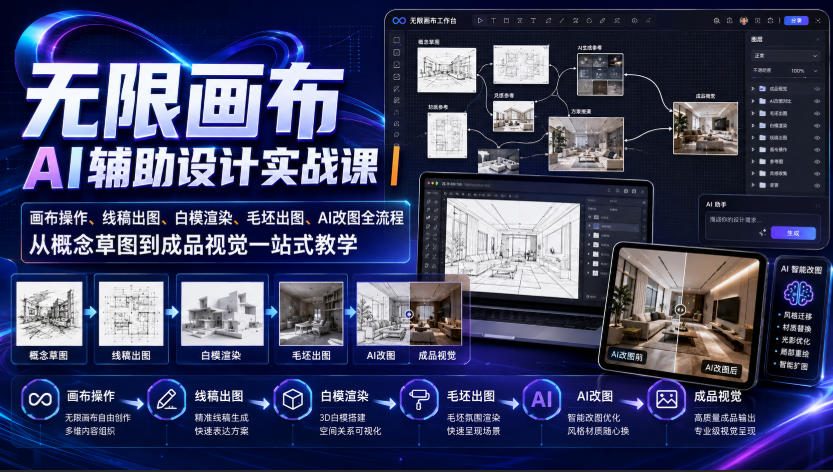 无限画布AI辅助设计实战课｜画布操作、线稿出图、白模渲染、毛坯出图、AI改图全流程，从概念草图到成品视觉一站式教学(更新0923)-孔明聊项目
