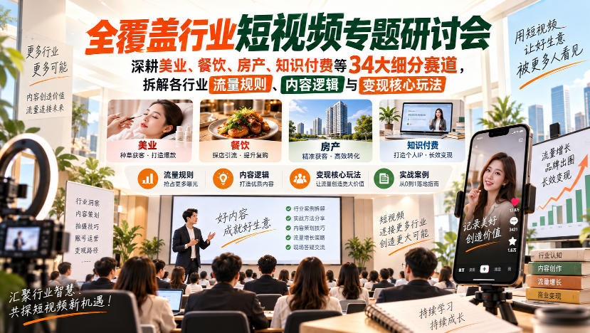 短视频专题研讨会，深耕美业、餐饮、房产、知识付费等34大细分赛道，拆解各行业流量规则、内容逻辑与变现核心玩法-孔明聊项目