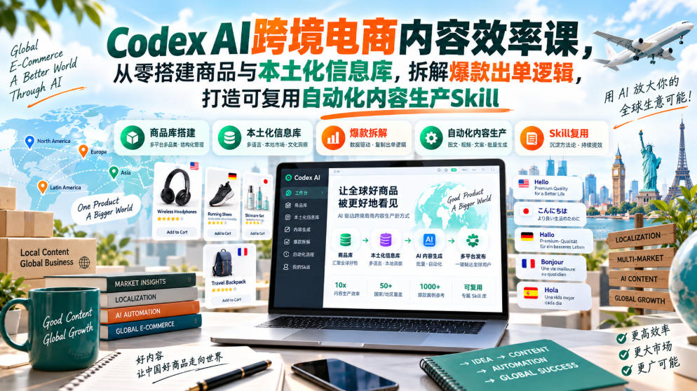 Codex AI跨境电商内容效率课，从零搭建商品与本土化信息库，拆解爆款出单逻辑，打造可复用自动化内容生产Skill-孔明聊项目