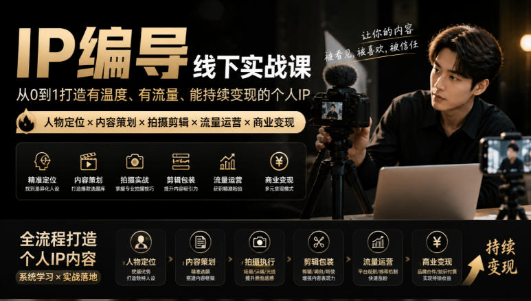 【无水印】IP编导线下实战课，从人物定位到短视频拍摄剪辑，全流程打造有温度、有流量、能持续变现的个人IP内容-孔明聊项目