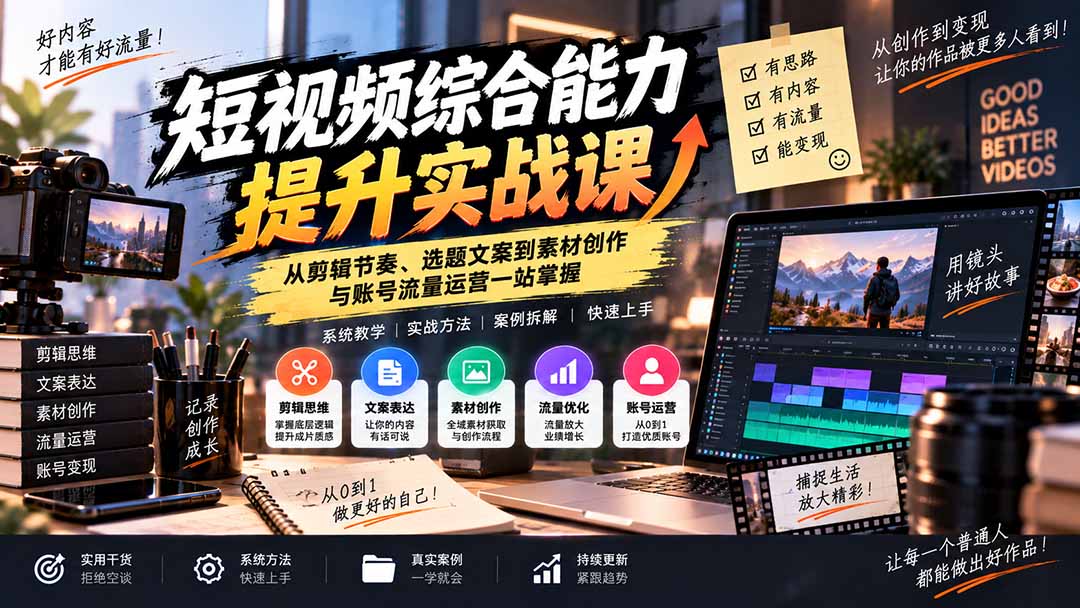 短视频综合能力提升实战课：从剪辑节奏、选题文案到素材创作与账号流量运营一站掌握-孔明聊项目