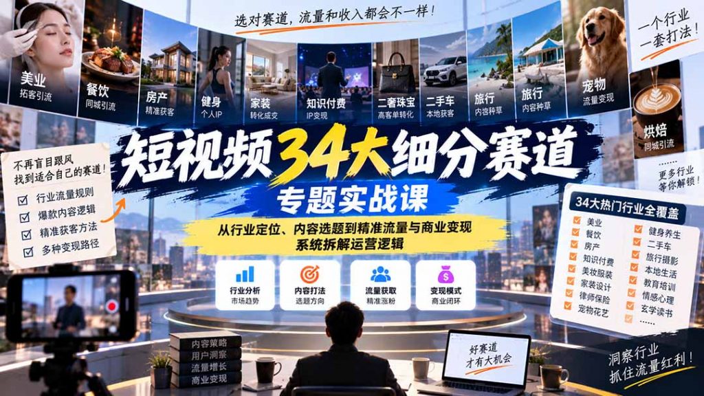 短视频34大细分赛道专题实战课：从行业定位、内容选题到精准流量与商业变现，系统拆解运营逻辑-孔明聊项目