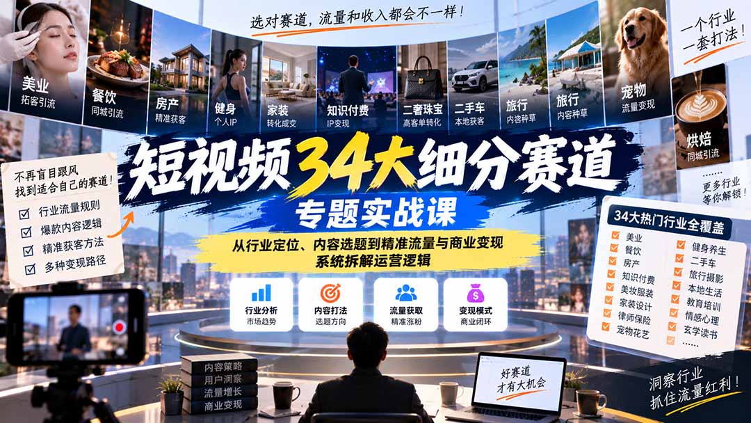 短视频34大细分赛道专题实战课：从行业定位、内容选题到精准流量与商业变现，系统拆解运营逻辑-孔明聊项目
