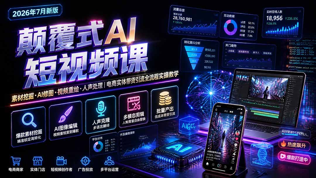 颠覆式AI短视频课-更新｜素材挖掘，AI修图，视频重绘，人声处理｜电商实体带货引流全流程实操教学-孔明聊项目
