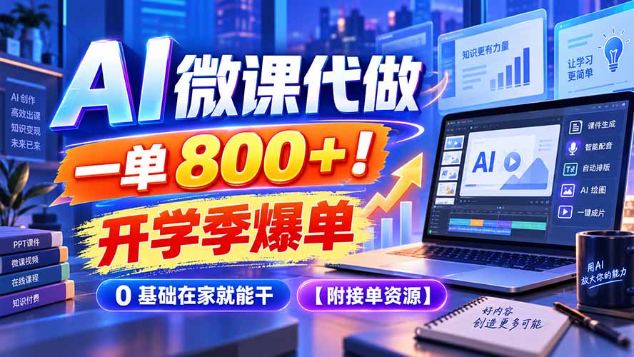 AI 微课代做，一单 800+！开学季爆单，0 基础在家就能干【附接单资源】-孔明聊项目