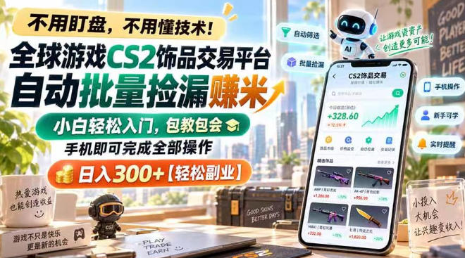 全球游戏CS2饰品交易平台自动批量捡漏賺米，小白轻松入门，包教包会，手机即可完成全部操作，日入300+【揭秘】-孔明聊项目