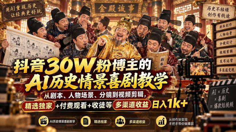 抖音30W粉博主的AI历史情景喜剧教学，从剧本、人物场景、分镜到视频剪辑，精选独家+付费观看+收徒等多渠道收益日入1k+-孔明聊项目