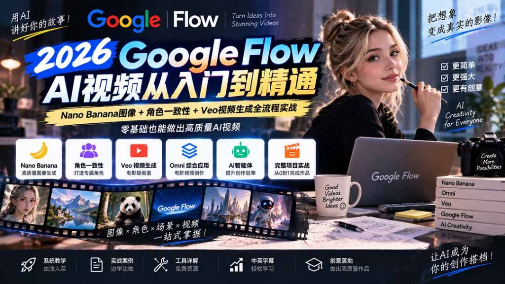 【无水印】Google Flow AI视频从入门到精通：Nano Banana图像+角色一致性+Veo视频生成全流程实战-精翻中英字幕-孔明聊项目