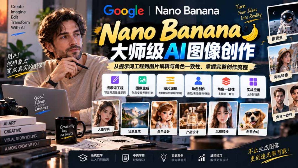 【无水印】Nano Banana大师级AI图像实战课：从提示词工程到图片编辑与角色一致性，掌握完整创作流程-孔明聊项目