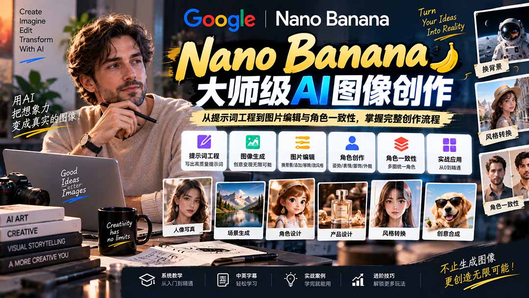 【无水印】Nano Banana大师级AI图像实战课：从提示词工程到图片编辑与角色一致性，掌握完整创作流程-孔明聊项目