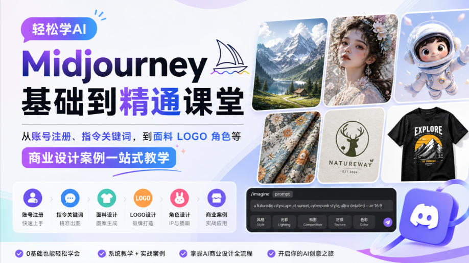 轻松学AI Midjourney基础到精通课堂，从账号注册、指令关键词，到面料LOGO角色等商业设计案例一站式教学-孔明聊项目