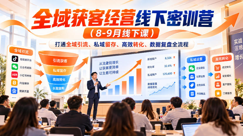 全域获客经营线下密训营(8-9月线下课)，打通全域引流、私域留存、高效转化、数据复盘全流程-孔明聊项目