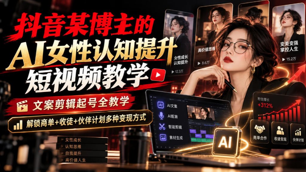 抖音某博主的Ai女性认知提升短视频教学，文案剪辑起号全教学，解锁商单+收徒+伙伴计划多种变现方式-孔明聊项目