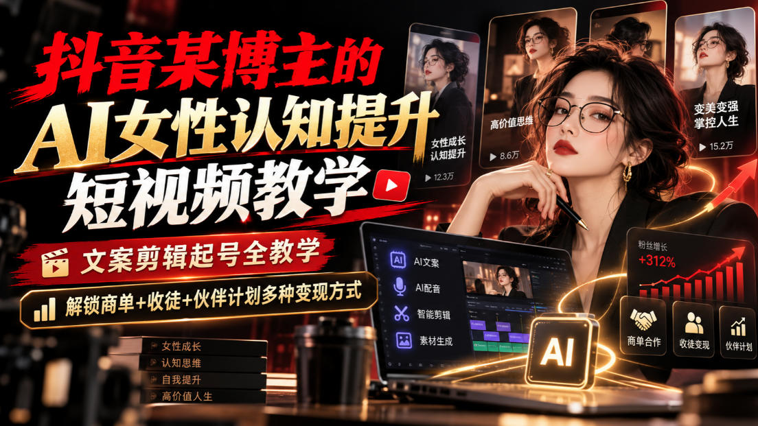 抖音某博主的Ai女性认知提升短视频教学，文案剪辑起号全教学，解锁商单+收徒+伙伴计划多种变现方式-孔明聊项目