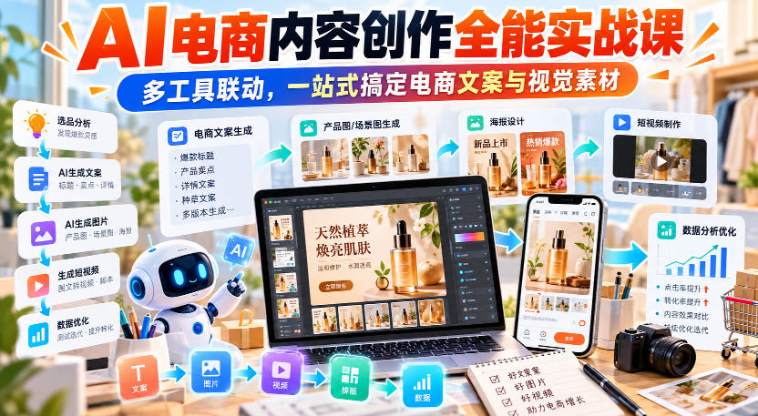 【无水印】AI电商内容创作全能实战课｜多工具联动，一站式搞定电商文案与视觉素材-孔明聊项目