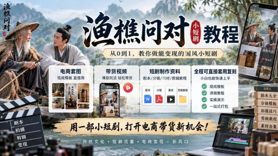 渔樵问对小短剧教程，包含电商套图、带货视频，短剧制作资料，全程可直接套用复刻-孔明聊项目