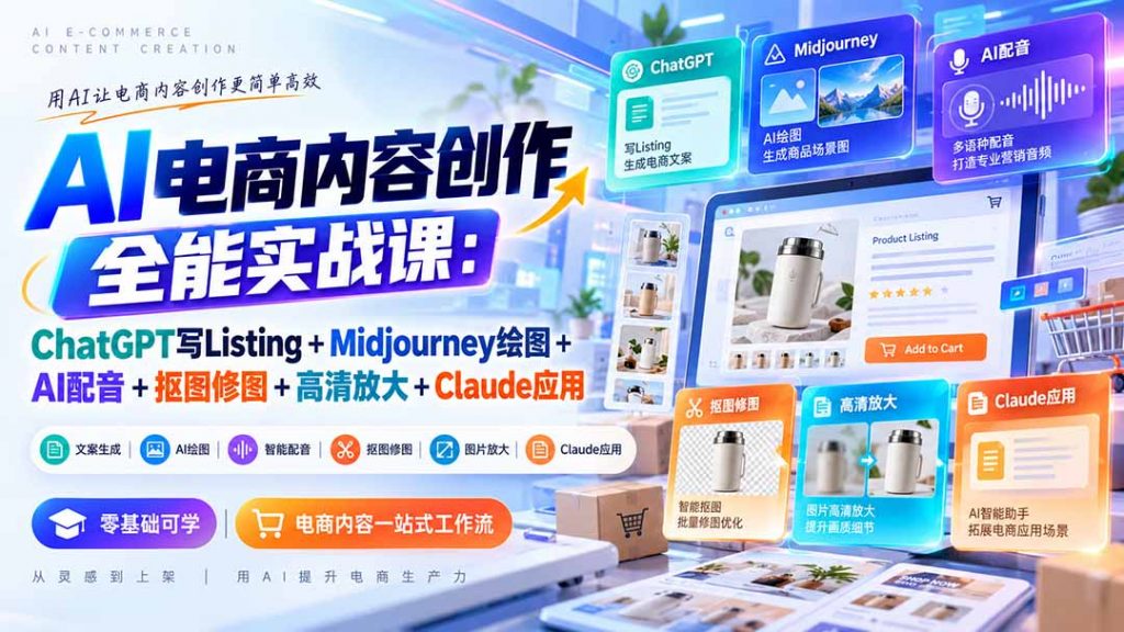 【无水印】AI电商内容创作全能实战课：ChatGPT写Listing+Midjourney绘图+AI配音+抠图修图+高清放大+Claude应用-孔明聊项目