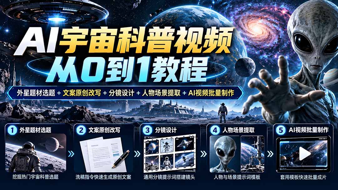 AI宇宙科普视频从0到1教程｜外星题材选题+文案原创改写+分镜设计+人物场景提取+AI视频批量制作-孔明聊项目