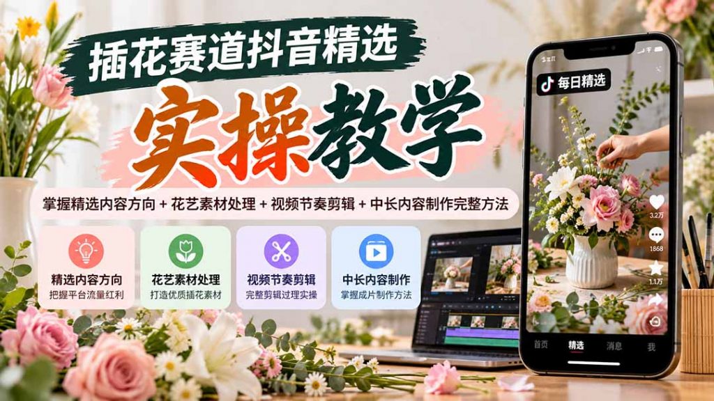 插花赛道抖音精选实操教学：掌握精选内容方向+花艺素材处理+视频节奏剪辑+中长内容制作完整方法-孔明聊项目