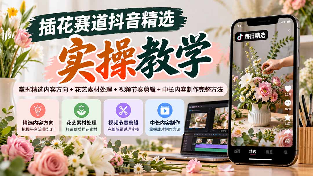 插花赛道抖音精选实操教学：掌握精选内容方向+花艺素材处理+视频节奏剪辑+中长内容制作完整方法-孔明聊项目