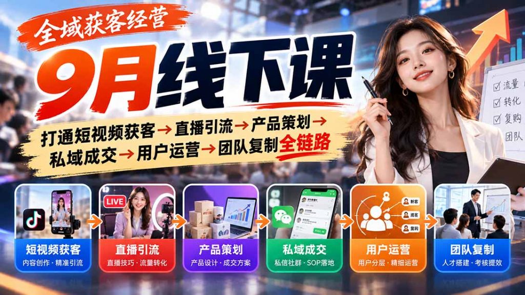 全域获客经营9月线下课：打通短视频获客→直播引流→产品策划→私域成交→用户运营→团队复制全链路-孔明聊项目