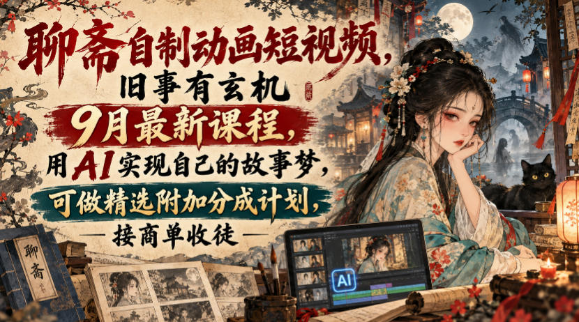 聊斋自制动画短视频，旧事有玄机9月最新课程，用AI实现自己的故事梦，可做精选附加分成计划，接商单收徒-孔明聊项目
