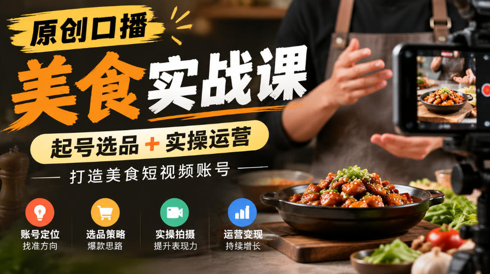 原创口播美食实战课，起号选品+实操运营，打造美食短视频账号-孔明聊项目