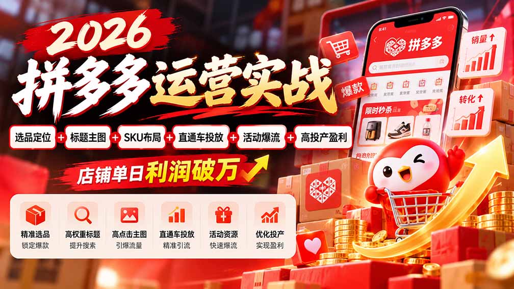 2026拼多多运营实战-更新1002：选品定位+标题主图+SKU布局+直通车投放+活动爆流+高投产盈利 店铺单日利润破万-孔明聊项目
