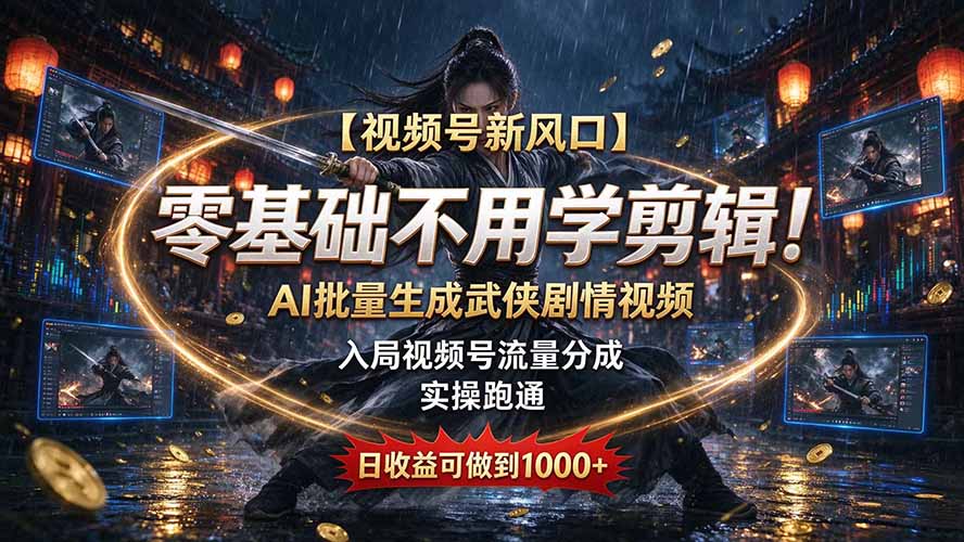 【视频号新风口】零基础不用学剪辑！AI 批量生成武侠剧情视频，入局视频号流量分成，实操跑通，日收益可做到 1000+-孔明聊项目