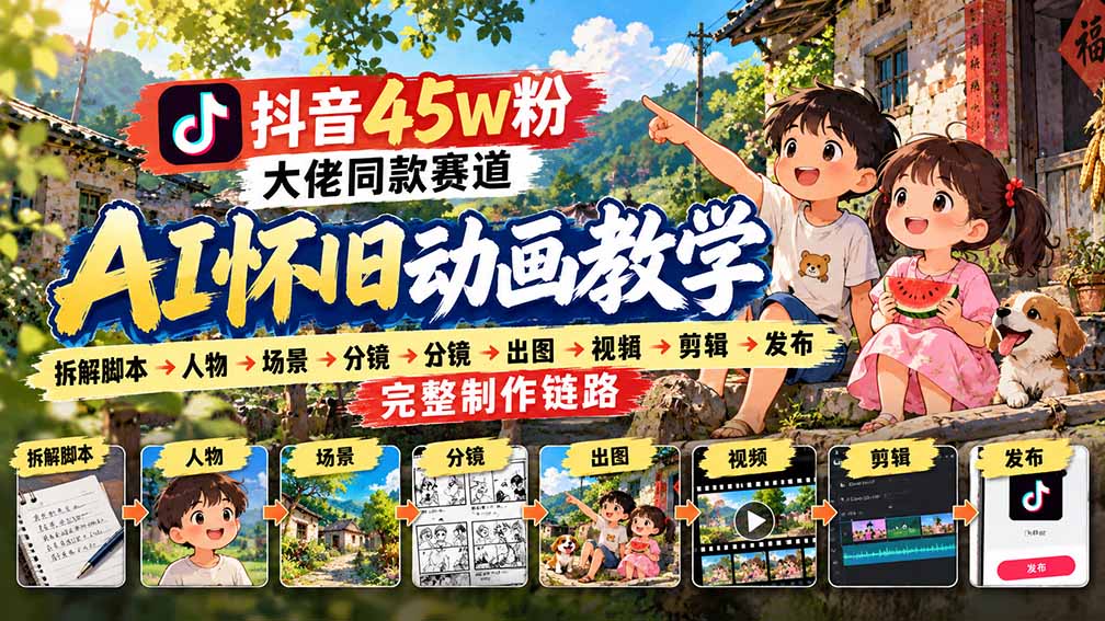 抖音45W粉大佬同款赛道AI怀旧动画教学：拆解脚本→人物→场景→分镜→出图→视频→剪辑→发布完整制作链路-孔明聊项目