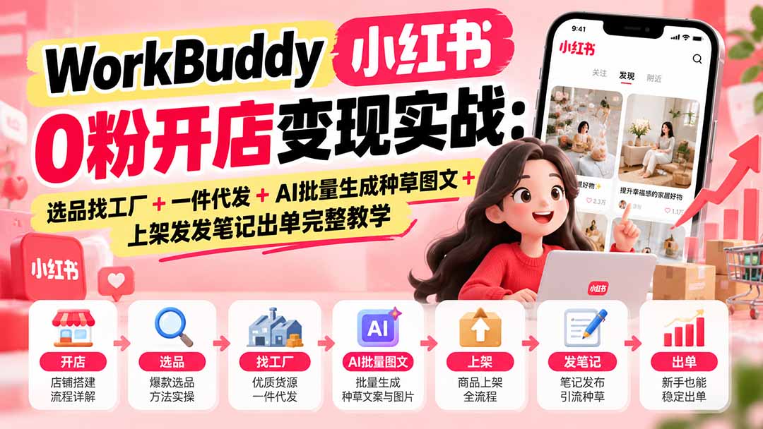 WorkBuddy小红书0粉开店变现实战：选品找工厂+一件代发+AI批量生成种草图文+上架发发笔记出单完整教学-孔明聊项目