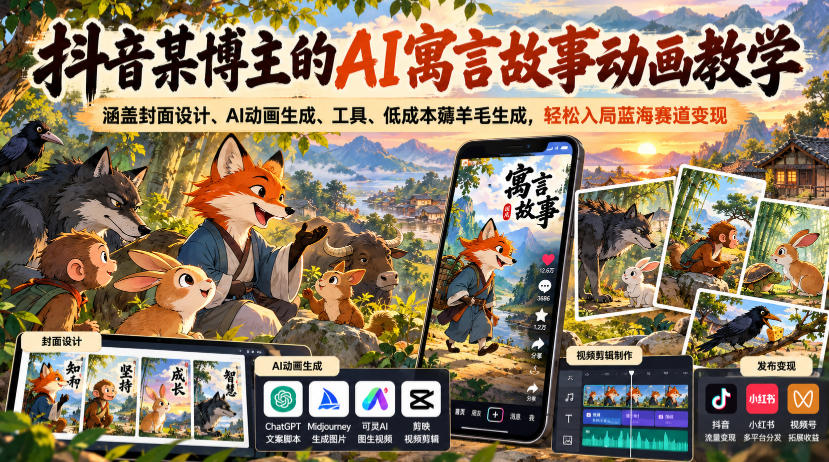 抖音某博主的AI寓言故事动画教学，涵盖封面设计、AI动画生成、工具、低成本薅羊毛生成，轻松入局蓝海赛道变现-孔明聊项目