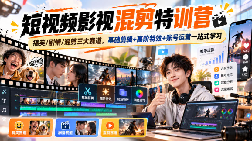 短视频影视混剪特训营｜搞笑/剧情/混剪三大赛道，基础剪辑+高阶特效+账号运营一站式学习-孔明聊项目