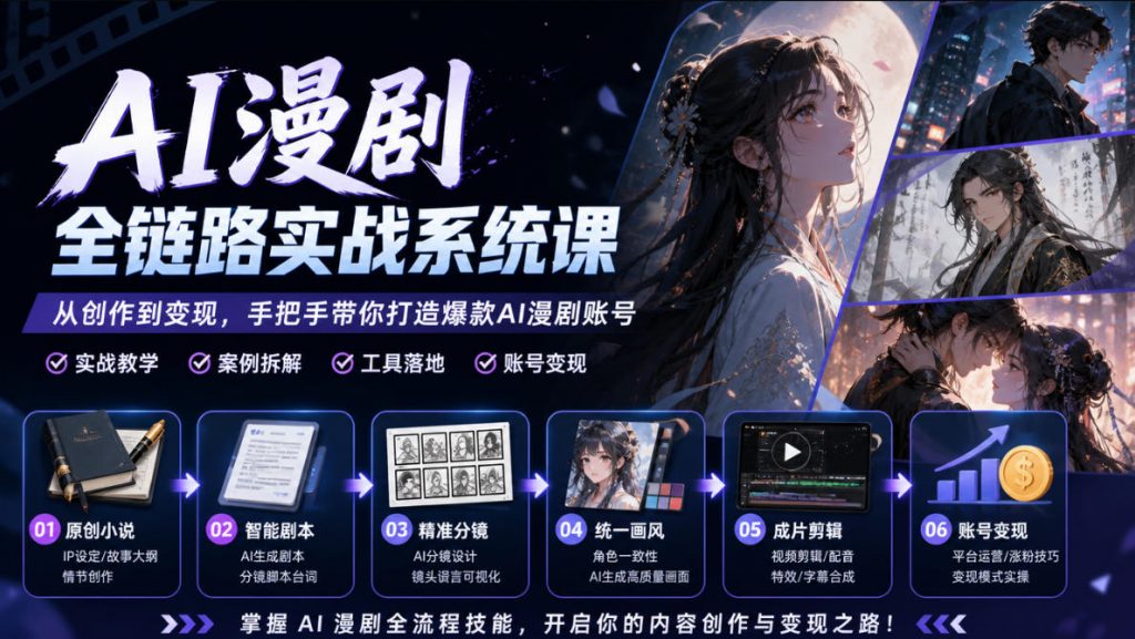 AI漫剧全链路实战系统课｜原创小说、智能剧本、精准分镜、统一画风、成片剪辑、账号变现实操教学-孔明聊项目