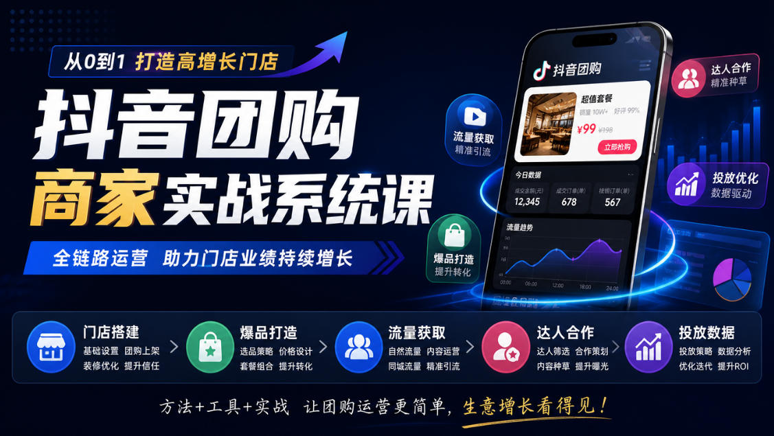 抖音团购商家实战系统课｜门店搭建、爆品打造、流量获取、达人合作、投放数据全链路运营-孔明聊项目