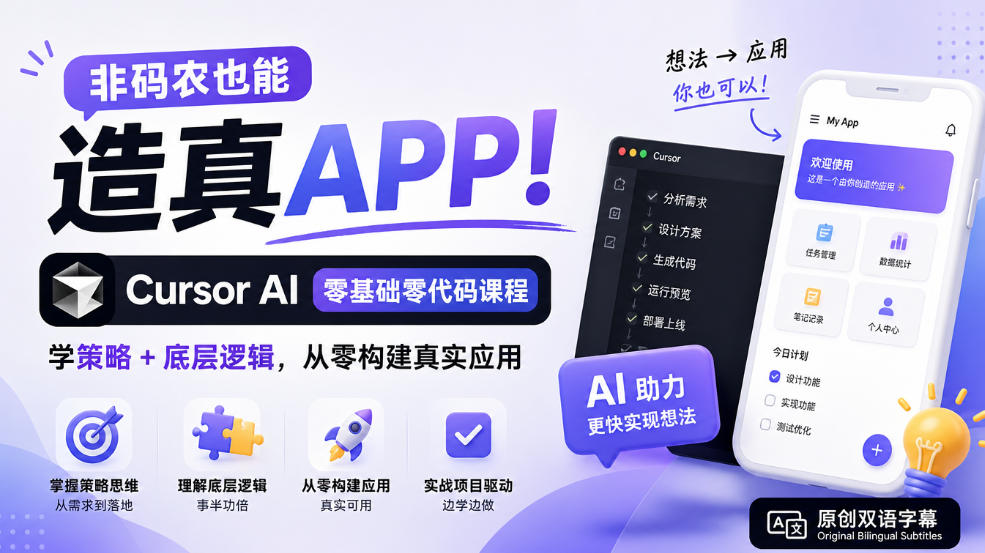 非码农也能造真APP！Cursor AI零基础零代码课程：学策略+底层逻辑，从零构建真实应用【原创双语字幕】-孔明聊项目