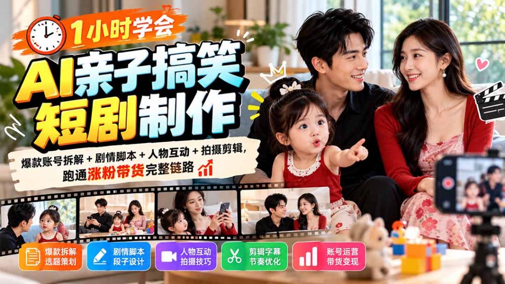 1小时学会AI亲子搞笑短剧制作：爆款账号拆解+剧情脚本+人物互动+拍摄剪辑，跑通涨粉带货完整链路-孔明聊项目