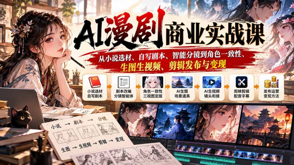 AI漫剧商业实战课：从小说选材、自写剧本、智能分镜到角色一致性、生图生视频、剪辑发布与变现-孔明聊项目